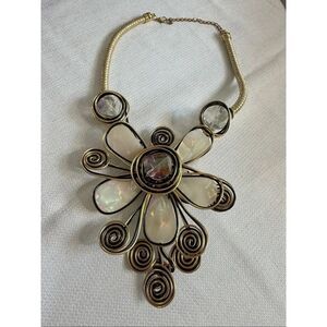 Statement Wire Wrapped Flower Bib Necklace Gold Tone Faux Mother of Pearl Swirl